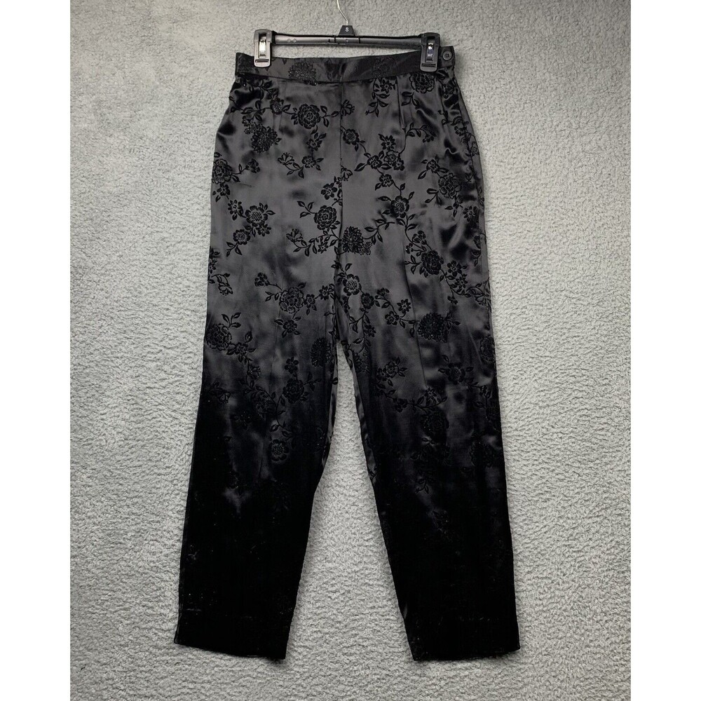 Vtg Joan Leslie Pants Womens 10P Black Satin Velvet Embroidery Glitter Party